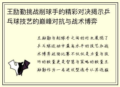 王励勤挑战削球手的精彩对决揭示乒乓球技艺的巅峰对抗与战术博弈