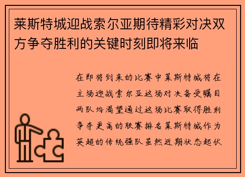莱斯特城迎战索尔亚期待精彩对决双方争夺胜利的关键时刻即将来临